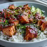 Vibrant salmon rice bowl topped with spicy mayo, fresh cucumber, and toasted sesame, served in a cozy Asian-inspired meal.  