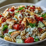 Cold Creamy Chicken Bacon Ranch Pasta Salad, topped with fresh chives for a summer picnic.