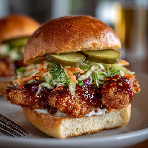 Hot Honey Fried Chicken Sliders topped with tangy slaw and pickles on golden brioche buns.