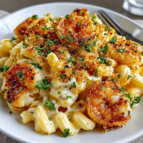 Cajun Shrimp Mac and Cheese bubbling in a skillet, topped with golden, crispy breadcrumbs.