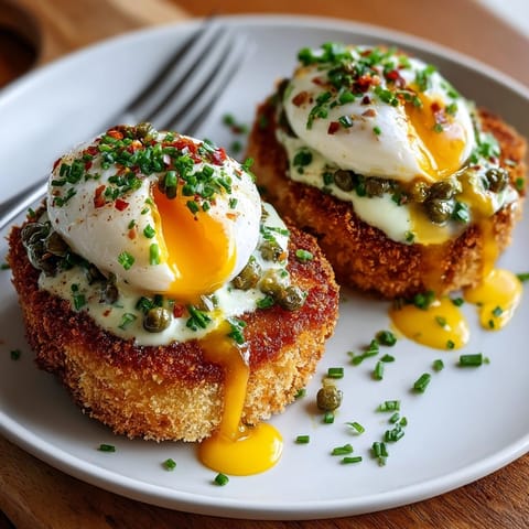 Close-up of crispy Fried Green Tomato Benedict, topped with creamy remoulade and fresh parsley garnish.