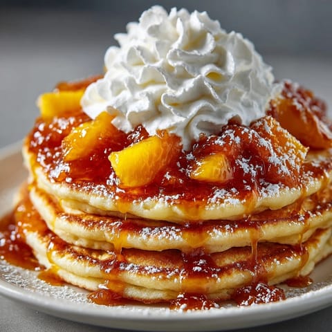 Golden peach cobbler pancakes stacked with cinnamon-peach compote and fluffy whipped cream, served hot.