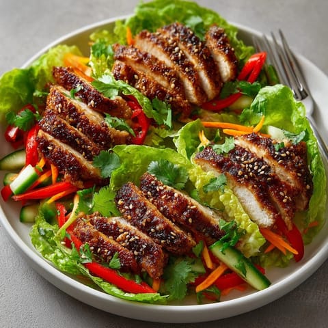 Colorful Grilled Chicken Lettuce Wraps served on a platter with fresh vegetables and dipping sauce.