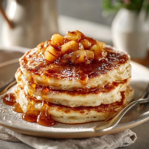 Brown Butter Cinnamon Roll Pancakes topped with warm apple compote and a dusting of powdered sugar.