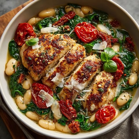 Juicy One-Pan Tuscan White Bean Chicken Skillet served hot with wilted spinach and sun-dried tomatoes.