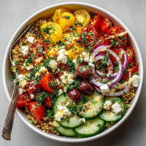Wholesome Mediterranean Quinoa Power Bowl served in a bowl with creamy feta and lemon tahini sauce