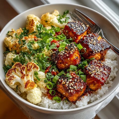 Close-up of spicy Sriracha Honey Salmon Bowls displaying tender, caramelized salmon and roasted cauliflower.