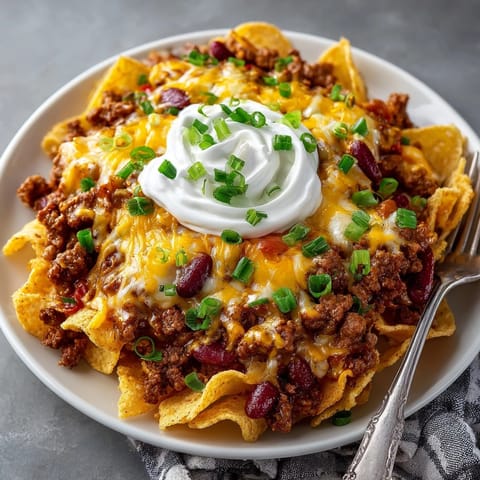A baked casserole of Chili Cheese Frito Pie, brimming with bubbly cheese and crispy chips.