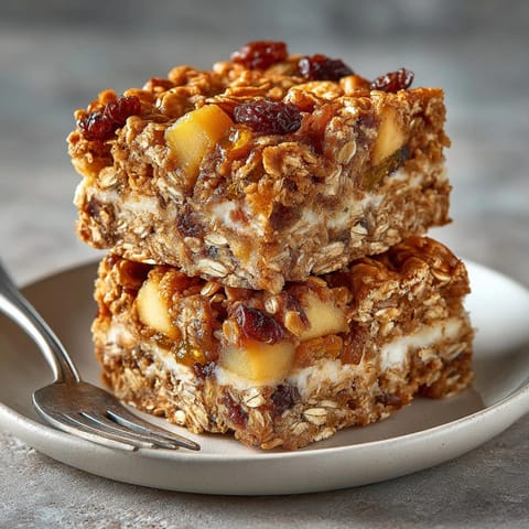 Enjoy freshly baked Apple Pie Breakfast Bars, with visible cinnamon-spiced oat crumb topping, ready to eat.