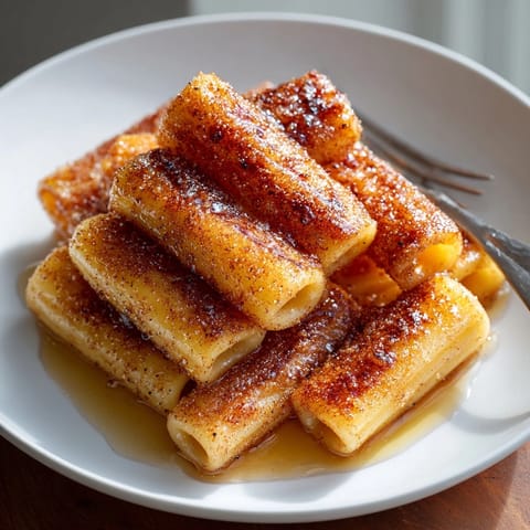 Close-up of French Toast Pasta with Cinnamon Sugar Dust showing golden edges and sweet coating.