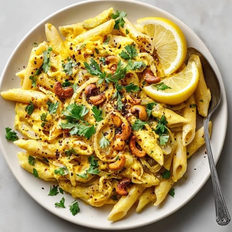 A bowl of Golden Milk Pasta with Turmeric Glow Sauce garnished with toasted cashews and lemon wedges.