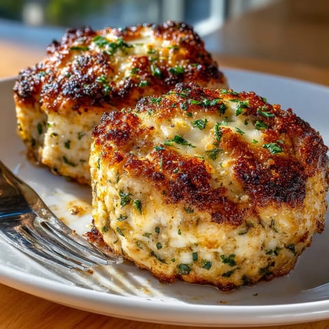 Close-up of golden brown Garlic Parmesan Chicken Meatloaves garnished with parsley and ready to serve.