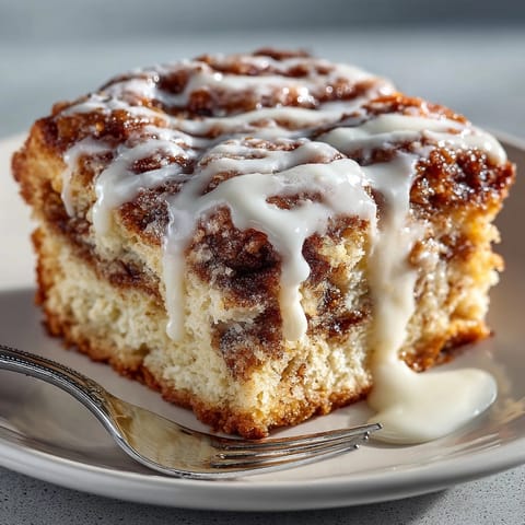 Freshly baked cinnamon roll coffee cake cooling in a pan, golden and tender with glaze.