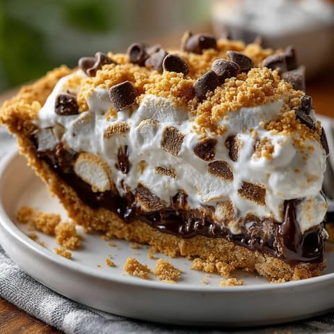 Rich S'mores Campfire Pie sliced and gooey, perfect for sharing at home or outdoor gatherings