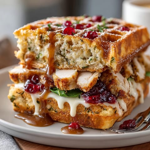 Warm Thanksgiving Leftovers Waffle Sandwiches dripping with gravy, a delicious morning-after treat.