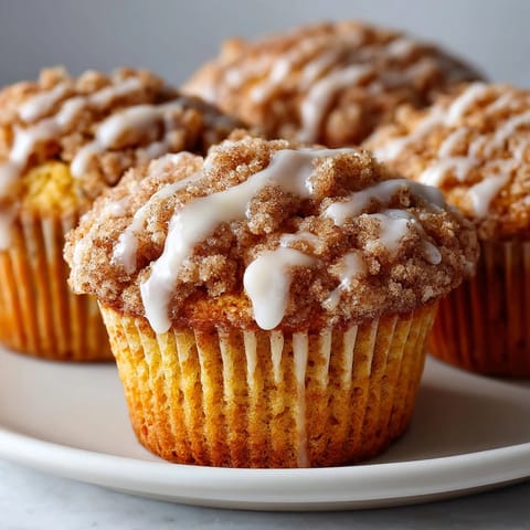 Warm, glazed Pumpkin Spice Coffee Cake Muffins; enjoy this moist, spiced autumn treat.