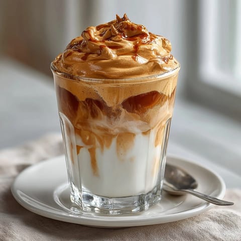Homemade Dalgona Coffee recipe: a perfectly whipped, frothy treat ready to energize your day.