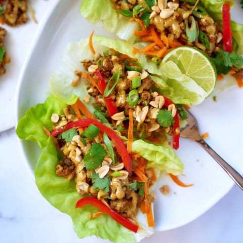Golden ground turkey filling for Thai Peanut Turkey Lettuce Wraps, ready to be spooned onto lettuce.