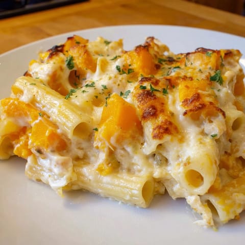 A hearty Alfredo Butternut Squash Pasta Bake, filled with tender squash and rich sauce.