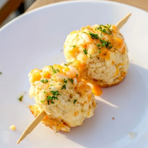 Savory-sweet cream soda cheddar biscuit muffin skewers on a colorful party platter.  
