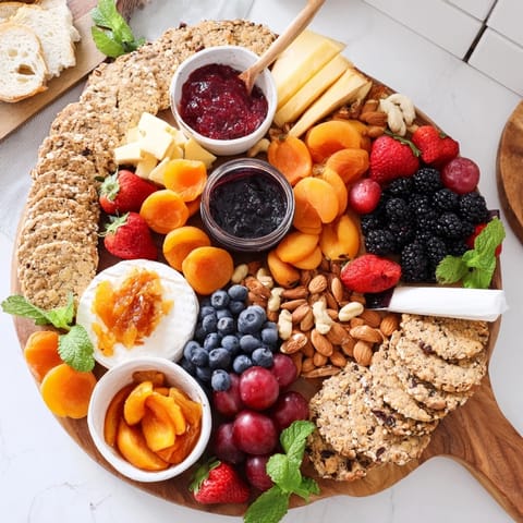 Colorful assortment of jams and fresh fruits arranged on a wooden board for brunch.  