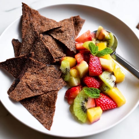 Vibrant fruit salsa paired with sweet, homemade chocolate tortilla chips for dipping.  