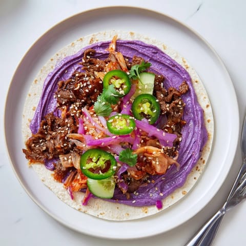 Flavorful Global Street-Food Fusion Bowls with colorful veggies and creamy ube crema.  