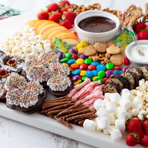 Festive dessert boards featuring assorted candies and fresh fruits, ideal for parties.  
