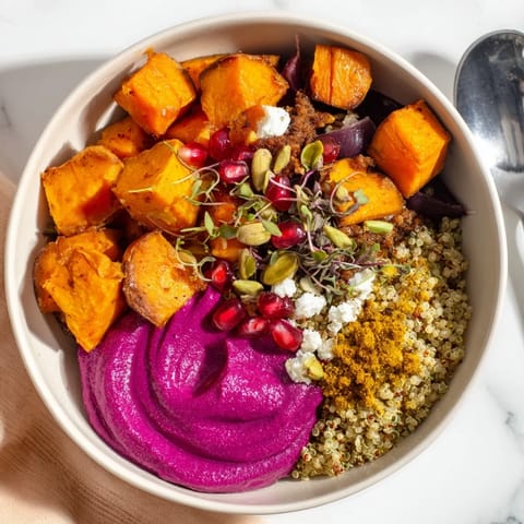 A cozy spiced winter bowl featuring sweet potatoes, pistachios, and colorful toppings.  