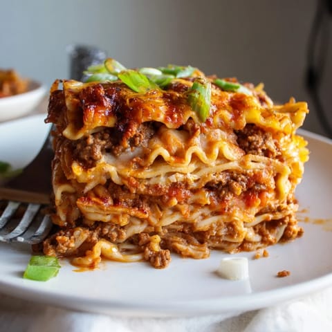 Sizzling spicy ramen lasagna showcasing rich meat sauce and creamy cheese, perfect for dinner.  