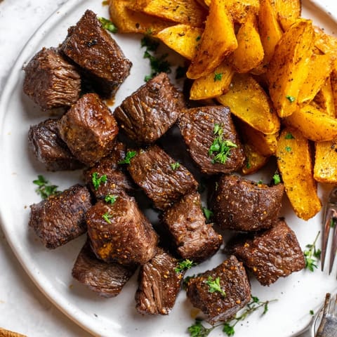 Juicy Blackened Cajun Steak Bites seared to perfection, served alongside crispy fries.  