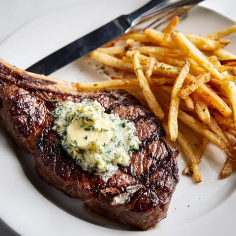 Juicy, perfectly seared Steakhouse Garlic Butter Steak served alongside golden, crispy fries.  