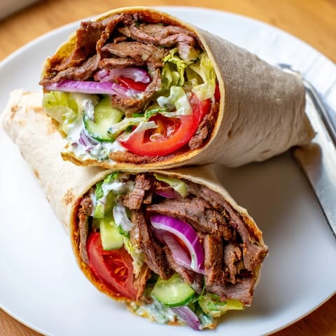 Savor beef shawarma wraps loaded with fresh veggies and tangy yogurt dip.  