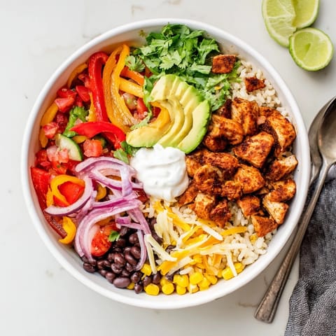 Colorful sheet pan Chicken Burrito Bowls served with lime wedges and crunchy tortilla chips.  