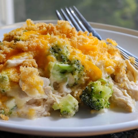 Savory Chicken & Broccoli Cheddar Bake piled high with tender chicken and vibrant broccoli.  