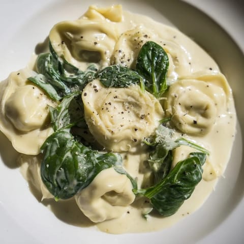 A steaming bowl of Creamy Spinach Alfredo Tortellini, glistening with Parmesan, ready to eat.
