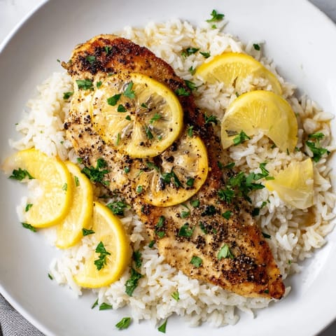 Golden-brown Lemon Pepper Chicken, served over fluffy rice, garnished with fresh parsley and lemon slices.