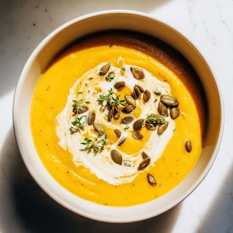 Rich, orange Creamy Roasted Acorn Squash Soup, beautifully blended and perfect for a cozy autumn meal.