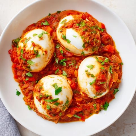 These oven-baked Savoury Baked Eggs in Tomato Sauce are nestled in a rich, flavorful tomato sauce, ready for bread.