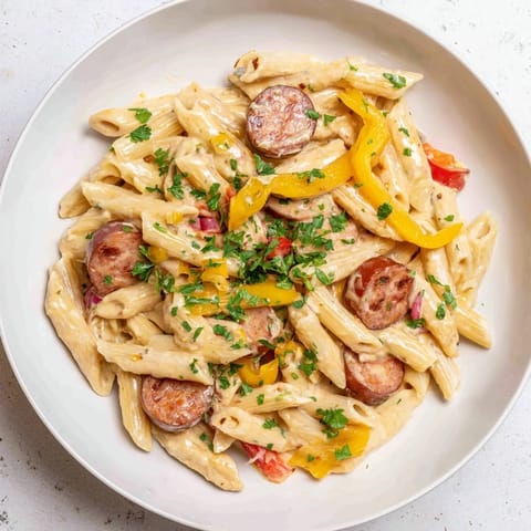 A close-up of a skillet brimming with flavorful Smoked Sausage Cajun Alfredo with visible sausage slices.