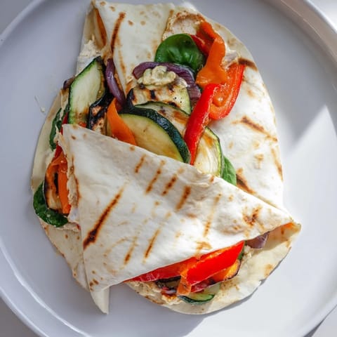 Delicious Snowflake Hummus & Roasted Veggie Wraps with vibrant roasted vegetables and creamy hummus inside.