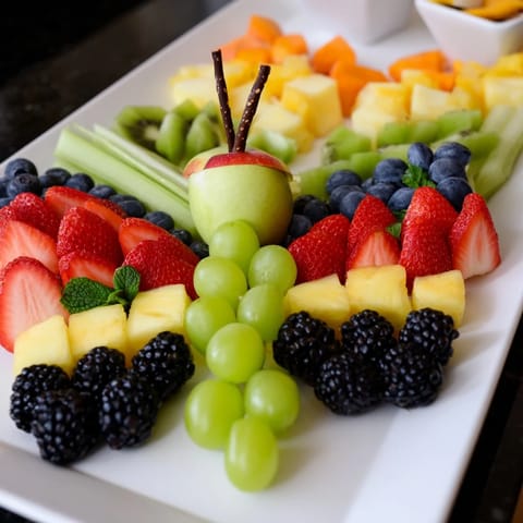 This colorful butterfly fruit tray, full of fresh fruit, is perfect for a party snack.