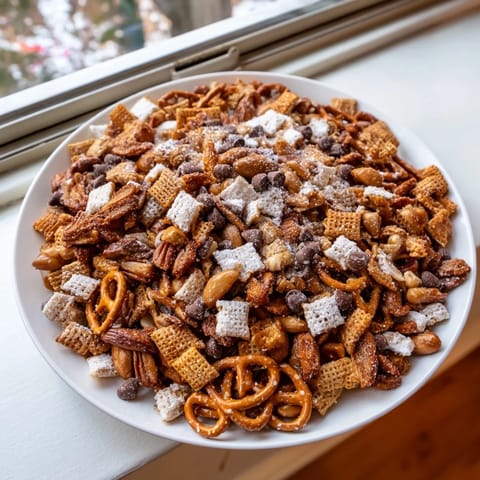 Sweet and salty Festive Pine Cone Snack Mix piled in a festive bowl, ready to eat.