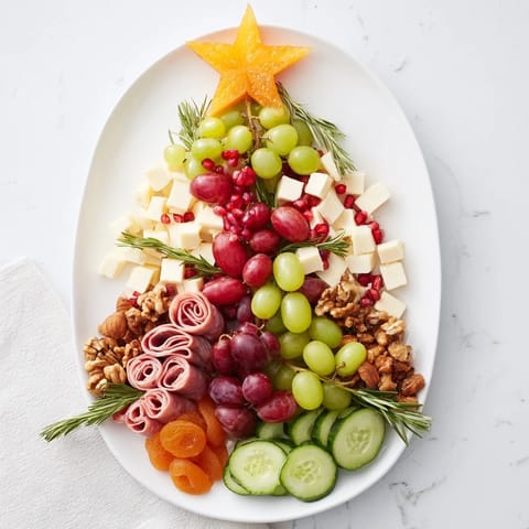 A beautiful Festive Holiday Tree Appetizer Platter with an array of cheeses, meats, and fresh garnishes to savor.