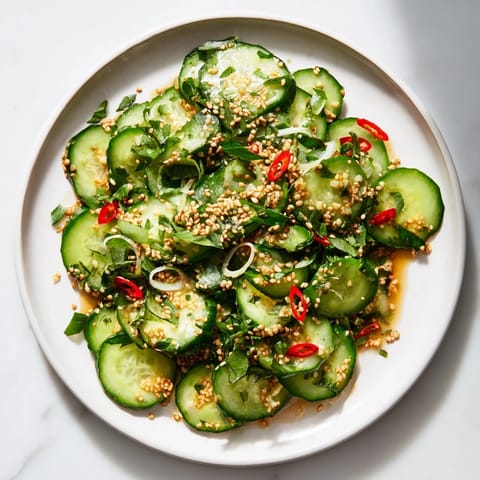 Vibrant Tangy Shaken Asian-Style Cucumber Salad with sesame seeds, a quick side dish bursting with flavor.