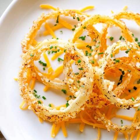 Air-fried Crispy Onion Cheese Chips, showing crispy golden edges and savory, melted cheese with herbs.
