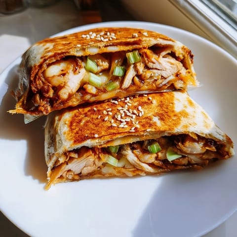 Crispy, grilled Korean BBQ Chicken Wrap Grilled Cheese, sliced and ready to serve with scallions on top.