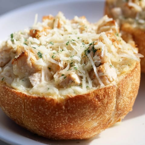 Freshly grated Parmesan melts into rich Alfredo sauce, generously filling a toasted bread bowl for a hearty, savory meal.  