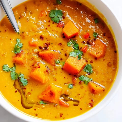 Hearty, creamy vegan butternut squash and lentil soup garnished with fresh parsley and a lemon wedge, ready for cozy dinners.  
