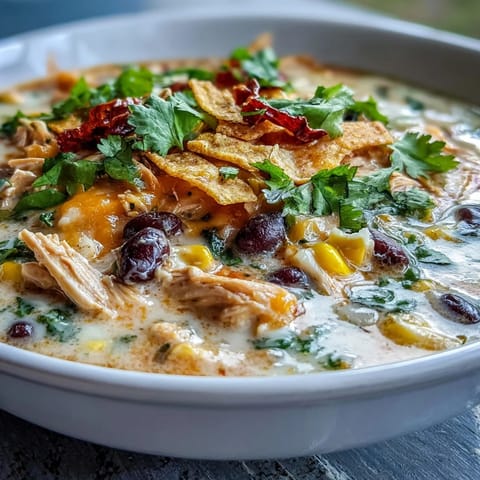Comforting Easy Chicken Tortilla Soup topped with crispy tortilla strips.